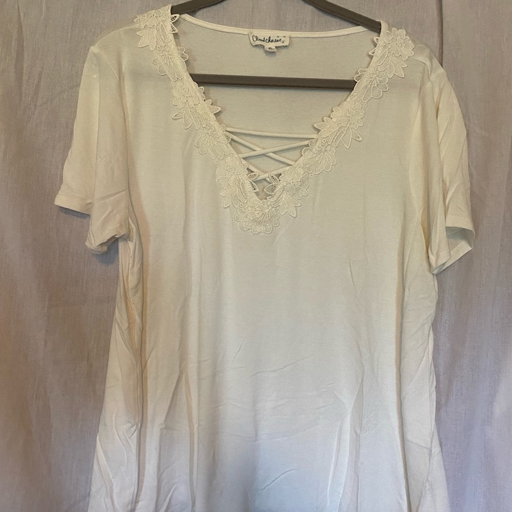 White Short-Sleeve Top with Lace Detailing